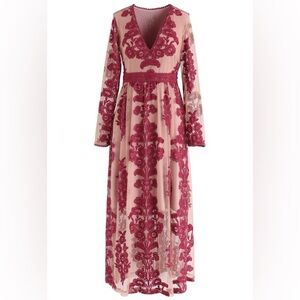 Chicwish Rose-Embroidered V-Neck Midi Dress in Nude & Rose